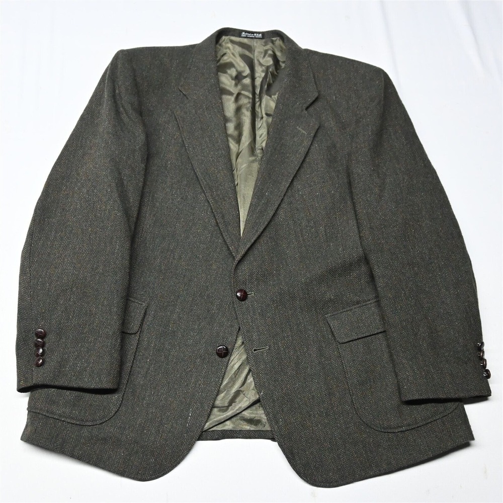 Vtg USA Made 48R Dark Green Herringbone Wool Tweed Mens Blazer Sport Coat Jacket